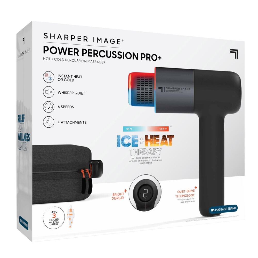 Sharper Image Power Percussion Pro+ Hot Cold Massage Gun 6 Speeds 4 Heads